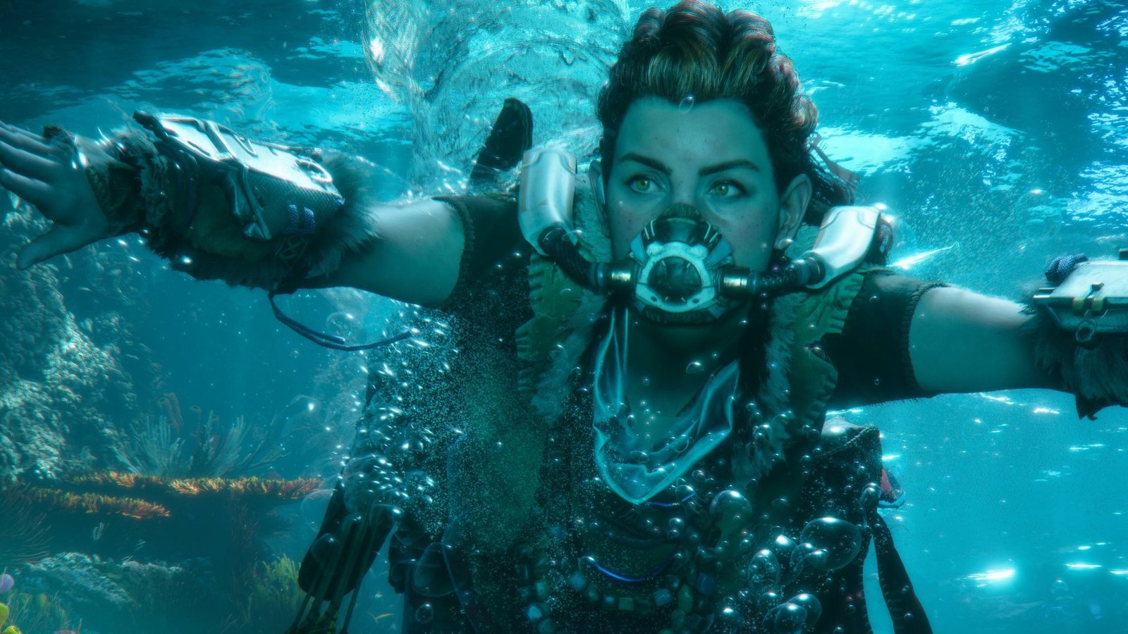 Aloy kann (und muss) jetzt auch schwimmen. Warum, weiß niemand so recht.Foto: Guerilla Games Aloy kann (und muss) jetzt auch schwimmen. Warum, weiß niemand so recht.Foto: Guerilla Games