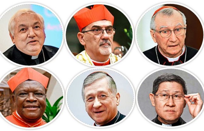 Jean-Marc Aveline, Pierbattista Pizzaballa, Pietro Parolin,  Fridolin Ambongo Besungu, Blase Joseph Cupich, Luis Antonio Gokim Tagle, (von links oben im Uhrzeigersinn)<span class='image-autor'>Foto: imago/ABACAPRESS (2)/APAimages/ZUMA Press/Independent Photo Agency Int.; dpa/Dalati & Nohra</span>