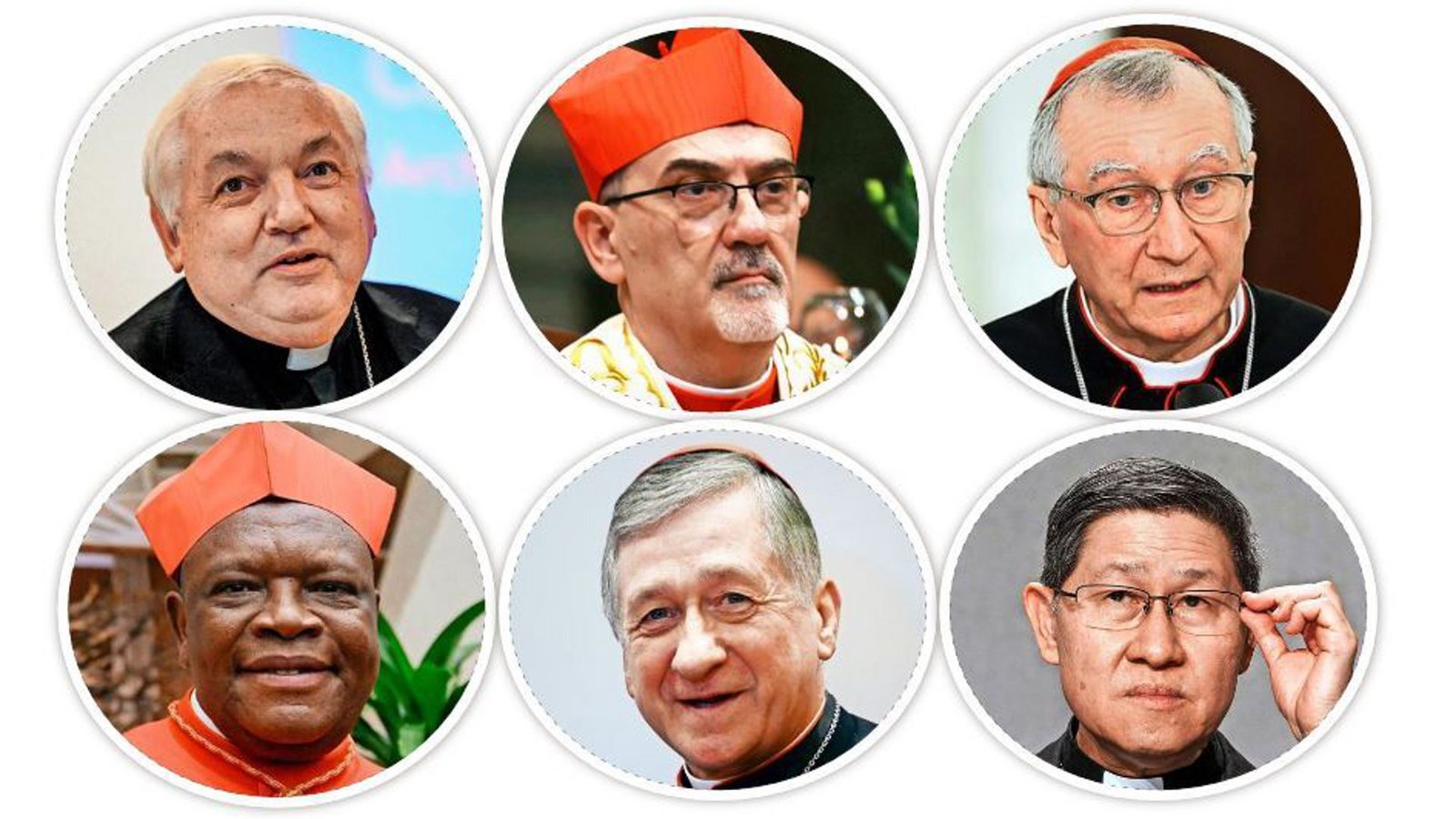 Jean-Marc Aveline, Pierbattista Pizzaballa, Pietro Parolin, Fridolin Ambongo Besungu, Blase Joseph Cupich, Luis Antonio Gokim Tagle, (von links oben im Uhrzeigersinn)Foto: imago/ABACAPRESS (2)/APAimages/ZUMA Press/Independent Photo Agency Int.; dpa/Dalati & Nohra Jean-Marc Aveline, Pierbattista Pizzaballa, Pietro Parolin, Fridolin Ambongo Besungu, Blase Joseph Cupich, Luis Antonio Gokim Tagle, (von links oben im Uhrzeigersinn)Foto: imago/ABACAPRESS (2)/APAimages/ZUMA Press/Independent Photo Agency Int.; dpa/Dalati & Nohra