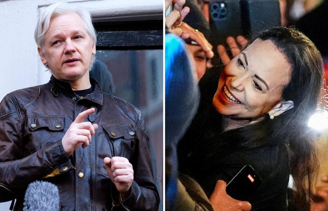 Wikileaks-Gründer Julian Assange (l.) hat die Nobel-Stiftung wegen der Verleihung des Friedensnobelpreises an María Corina Machado in Schweden angezeigt.<span class='image-autor'>Foto: imago/ZUMA Press/Ray Tang</span>