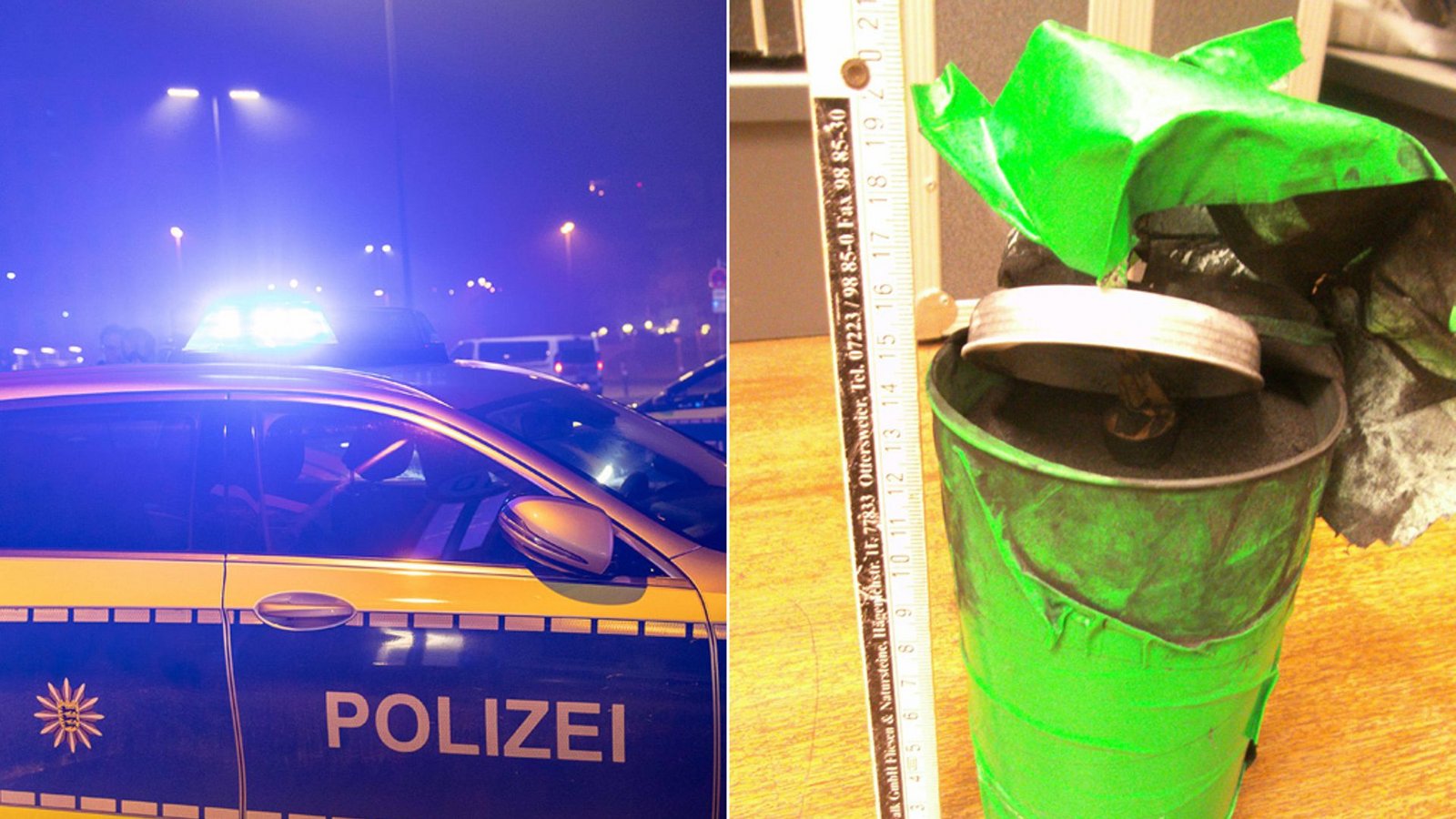 Auch dem rechten Bild ist der selbst gebaute Böller zu sehen (links: Symbolbild).Foto: imago/Eibner/Polizeipräsidium Offenburg Auch dem rechten Bild ist der selbst gebaute Böller zu sehen (links: Symbolbild).Foto: imago/Eibner/Polizeipräsidium Offenburg