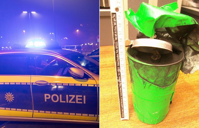 Auch dem rechten Bild ist der selbst gebaute Böller zu sehen (links: Symbolbild).<span class='image-autor'>Foto: imago/Eibner/Polizeipräsidium Offenburg</span>
