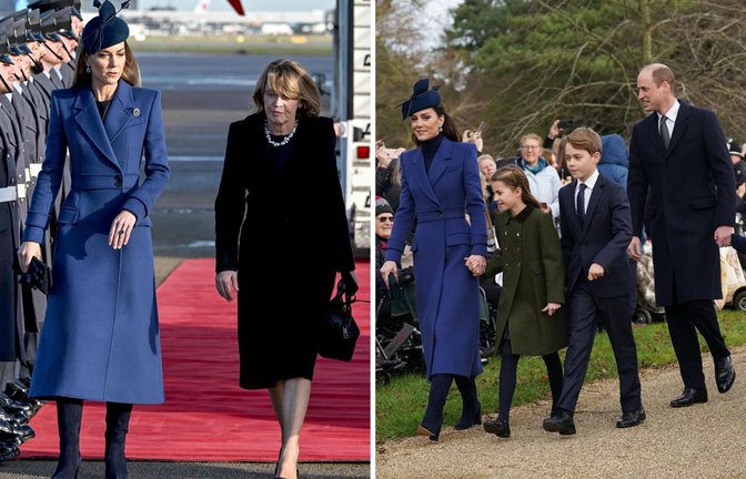Zwei Anlässe, ein Mantel: Prinzessin Kate im Gespräch mit Elke Büdenbender (linkes Fotos) und 2023 mit ihrer Familie auf dem Weg zum Gottesdienst.<span class='image-autor'>Foto: AFP</span>