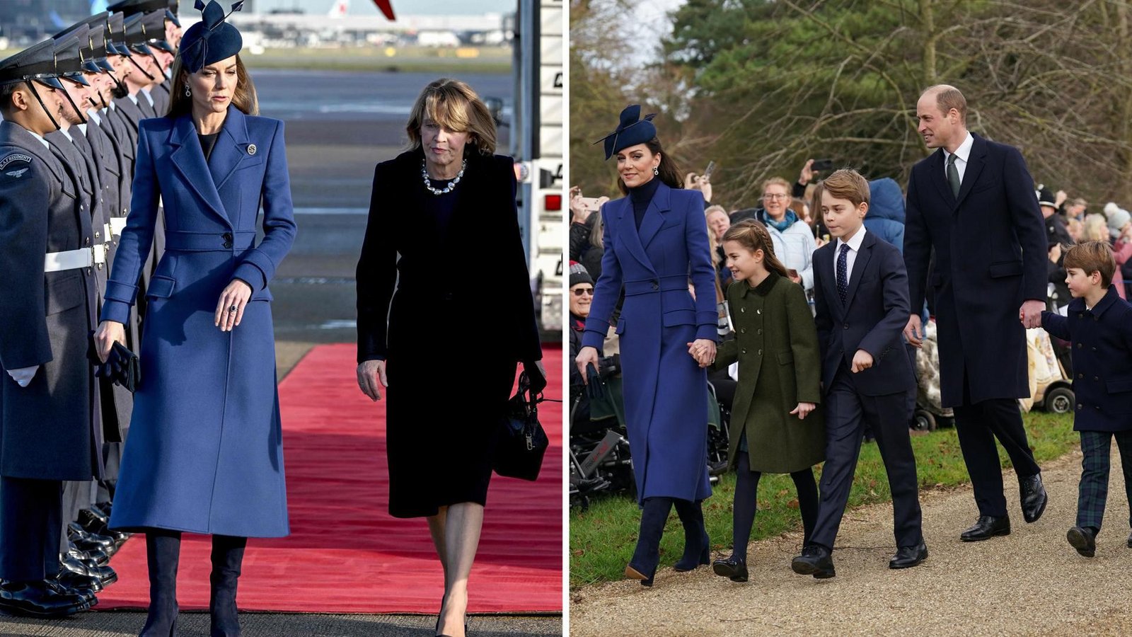 Zwei Anlässe, ein Mantel: Prinzessin Kate im Gespräch mit Elke Büdenbender (linkes Fotos) und 2023 mit ihrer Familie auf dem Weg zum Gottesdienst.Foto: AFP Zwei Anlässe, ein Mantel: Prinzessin Kate im Gespräch mit Elke Büdenbender (linkes Fotos) und 2023 mit ihrer Familie auf dem Weg zum Gottesdienst.Foto: AFP