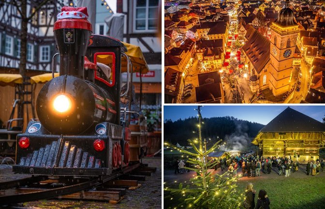 Das traditionelle Bähnle in Calw, bunte Lichter in Nürtingen (o.r.) und stimmungsvolle Atmosphäre im Freilichtmuseum Vogtsbauernhof (u.r.) machen die Weihnachtsmärkte in der Region zu magischen Orten.<span class='image-autor'>Foto: &nbsp;</span>