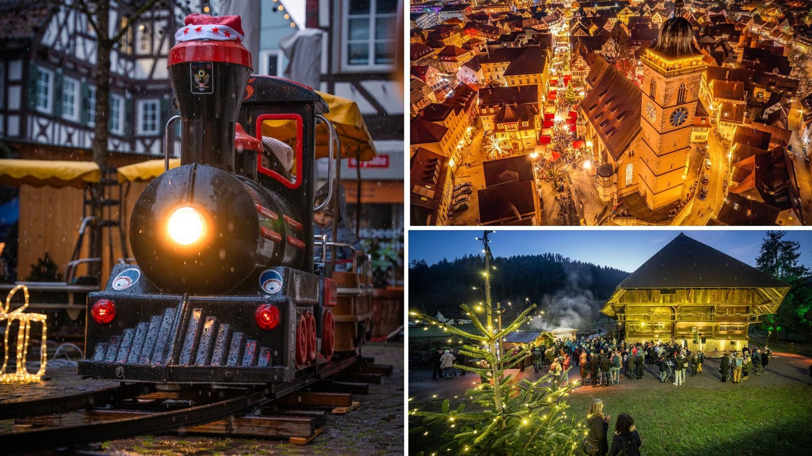 Das traditionelle Bähnle in Calw, bunte Lichter in Nürtingen (o.r.) und stimmungsvolle Atmosphäre im Freilichtmuseum Vogtsbauernhof (u.r.) machen die Weihnachtsmärkte in der Region zu magischen Orten.Foto: &nbsp;