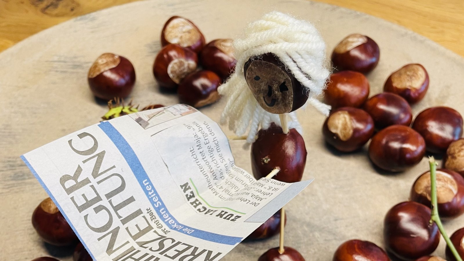 Das Kastanienmännchen amüsiert sich über den Witz zum Schulanfang in der VKZ- genauso wie sein Bastler, Paul Fink, aus Illingen. Foto: p