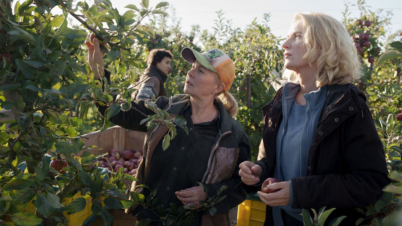 Marlies Feldhusen (Lina Wendel, M.) weist Charlotte (Maria Furtwängler, r.) in die Apfelernte ein.Foto: NDR/Christine Schroeder Marlies Feldhusen (Lina Wendel, M.) weist Charlotte (Maria Furtwängler, r.) in die Apfelernte ein.Foto: NDR/Christine Schroeder