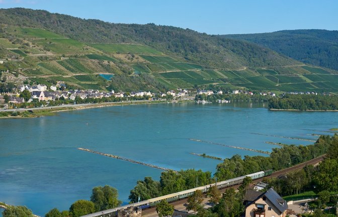 Der historische Zug der DBK fährt am Rhein entlang.  <span class='image-autor'>Foto: DBK</span>