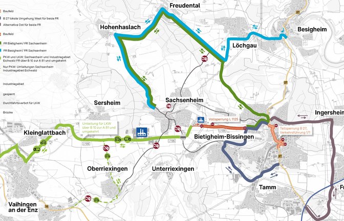 Während der Sperrungen der B 27 und L 1125 empfiehlt das Regierungspräsidium weiträumige Umfahrungen.  Grafik: RPS