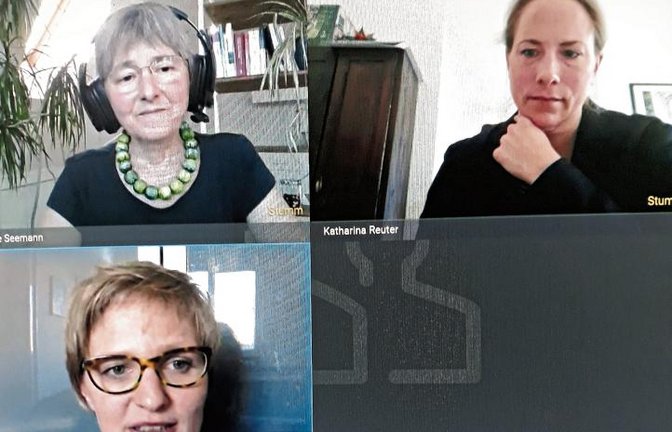 Im virtuellen „Grünen Salon“: Gastgeberin Stefanie Seemann (oben links) mit der Parlamentarischen Geschäftsführerin der Grünen im Bundestag, Franziska Brantner (unten) sowie Katharina Reuter, Geschäftsführerin des Bundesverbands der grünen Wirtschaft.  Foto: Kollros