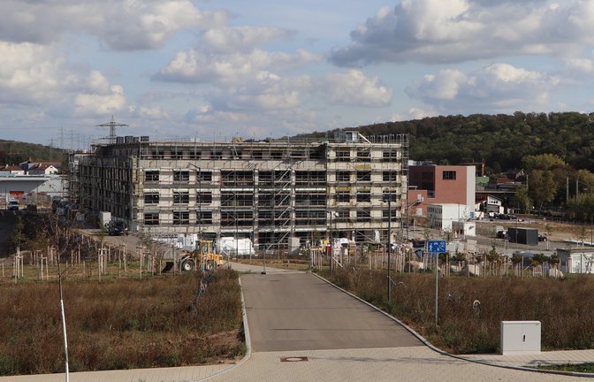 In der Mitte entsteht das Seniorenzentrum, links und rechts der Straße sind die ersten Wohnbauareale geplant, dazwischen sind schon zahlreiche Bäume für die „Grüne Mitte“gepflanzt worden. <span class='image-autor'>Foto: p</span>