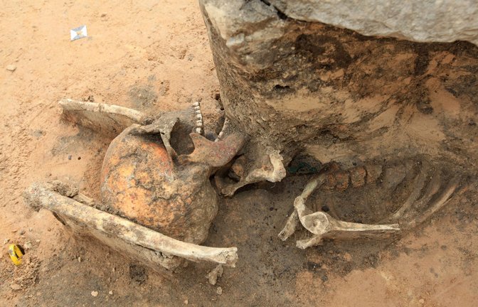 Wiedergängergrab: Bei Ausschachtungen für eine ICE Trasse in Klein Gräfendorf in Sachsen fanden Archäologen das Skelett eines Mannes, das   mit riesigen Steinen beschwert worden.<span class='image-autor'>Foto: Imago/Steffen Schellho/n</span>
