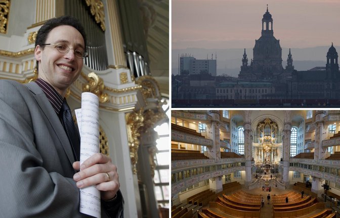 Der gebürtige Stuttgarter Samuel Kummer prägte die Dresdner Frauenkirche.<span class='image-autor'>Foto: Achim Zweygarth (li.), Sebastian Kahnert/dpa (o.re.), Arno Burgi/dpa (u.re.)</span>