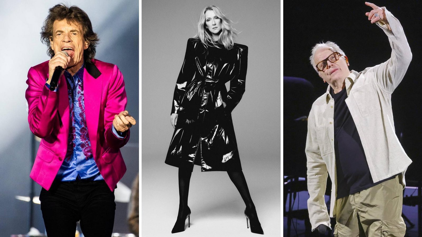Mick Jagger (links), Céline Dion und Herbert Grönemeyer haben alle viel vor, bevor es wieder Winter wird.Foto: imago (2)/ Sony Music