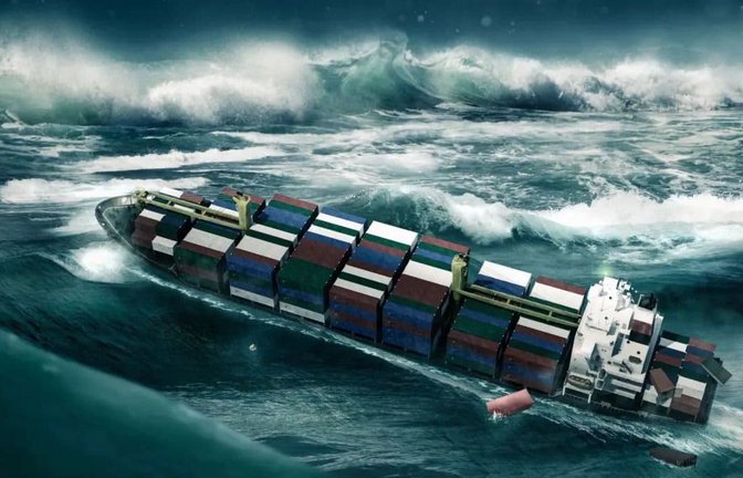 Ein Containerschiff wird in einem Sturm von einer Riesenwelle getroffen (Simulation).<span class='image-autor'>Imago/Depositphotos</span>