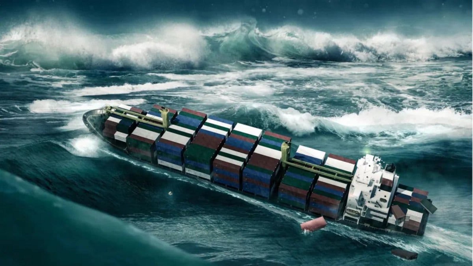 Ein Containerschiff wird in einem Sturm von einer Riesenwelle getroffen (Simulation).Imago/Depositphotos