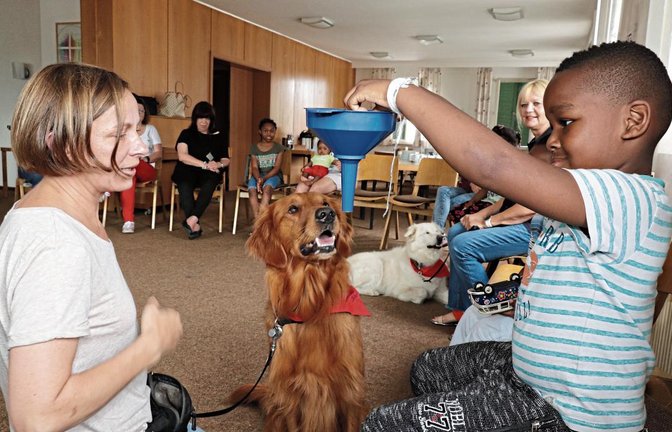 Mit Hilfe von Anja Wendel und ihrem Trichter-Trick traute sich der kleine David, Oskar das Leckerli zu geben.  Foto: Gergen