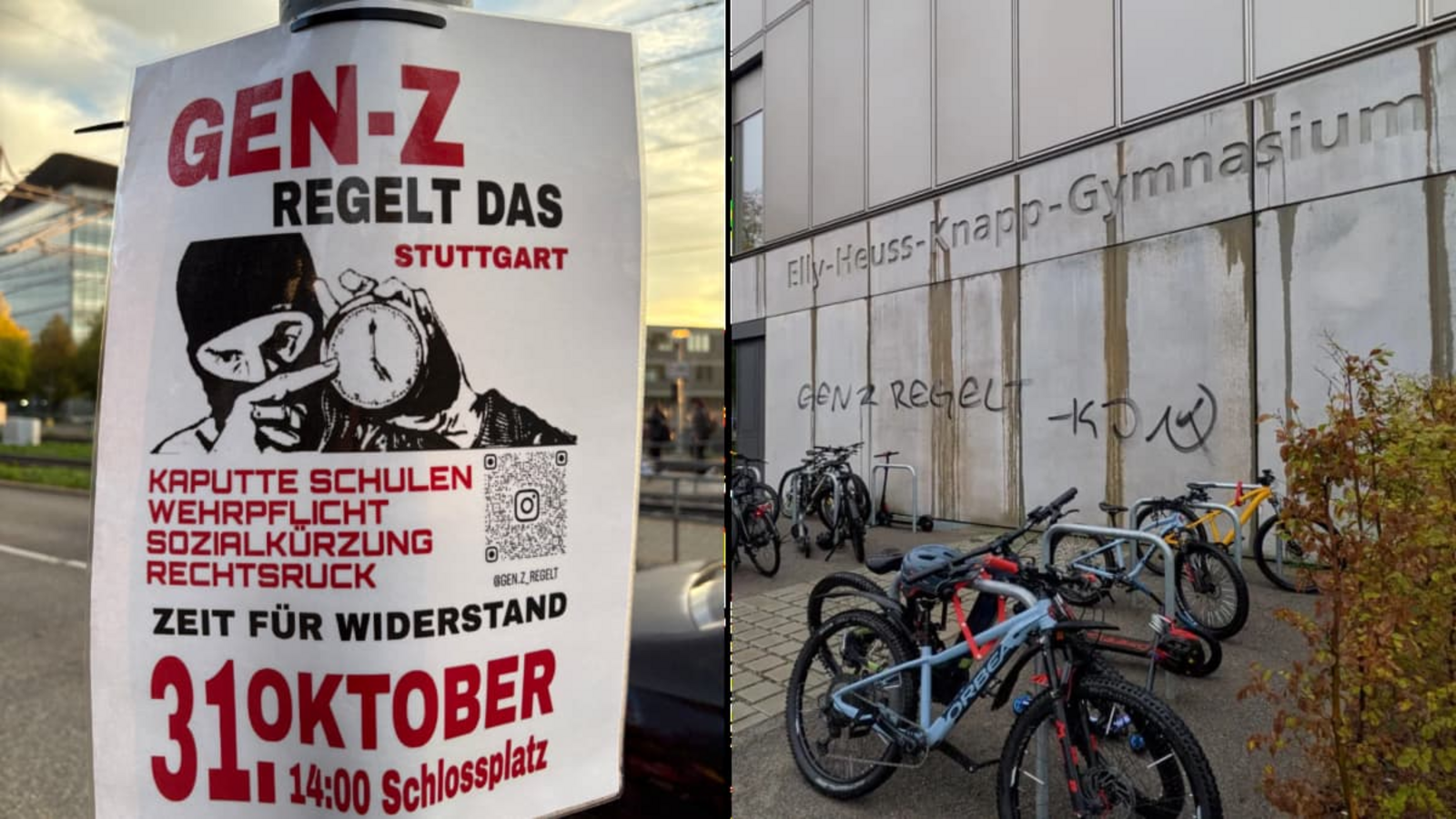 Die "Gen Z" kündigt für den 31. Oktober eine Demo auf dem Schlossplatz an. Derweil sind in Bad Cannstatt mehrere Schulen mit Schriftzügen und kommunistischen Symbolen versehen worden.privat/CDU-Gemeinderatsfraktion Die "Gen Z" kündigt für den 31. Oktober eine Demo auf dem Schlossplatz an. Derweil sind in Bad Cannstatt mehrere Schulen mit Schriftzügen und kommunistischen Symbolen versehen worden.privat/CDU-Gemeinderatsfraktion