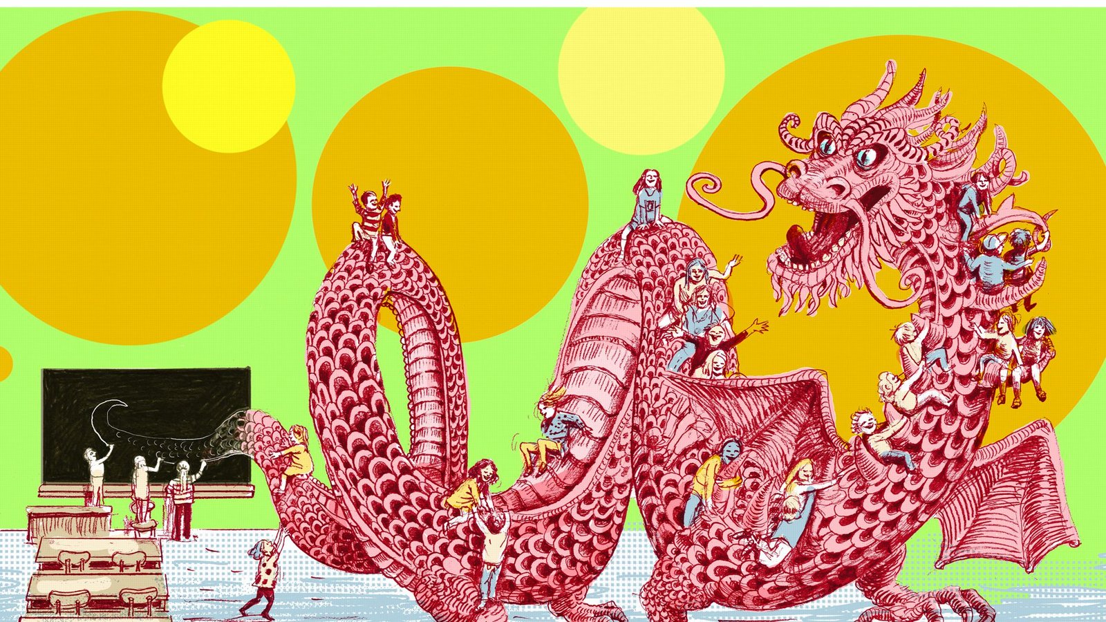 Drachenbesuch im Klassenzimmer – Schulkinder im Glück: In der westlichen Mythologie gelten Drachen als furchterregende Ungeheuer, in China stehen sie für Glück und Güte.Foto: /Friederike Groß Drachenbesuch im Klassenzimmer – Schulkinder im Glück: In der westlichen Mythologie gelten Drachen als furchterregende Ungeheuer, in China stehen sie für Glück und Güte.Foto: /Friederike Groß