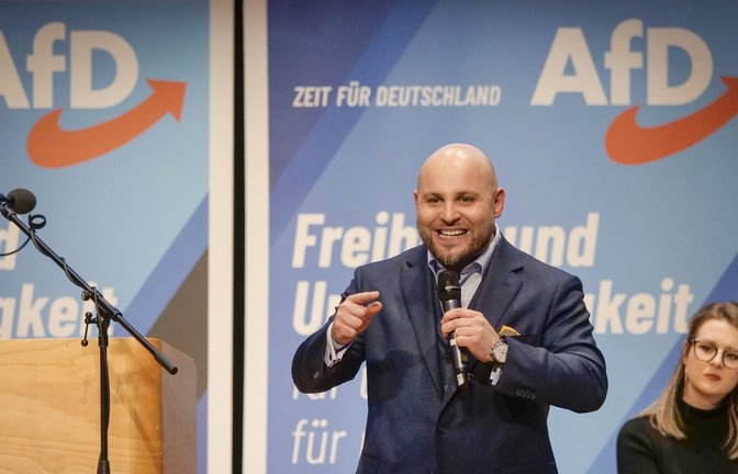 AfD-Landesvorsitzender Markus Frohnmaier bei einer Wahlparty in Leonberg-Eltingen.<span class='image-autor'>Foto: Simon Granville/Simon Granville</span>