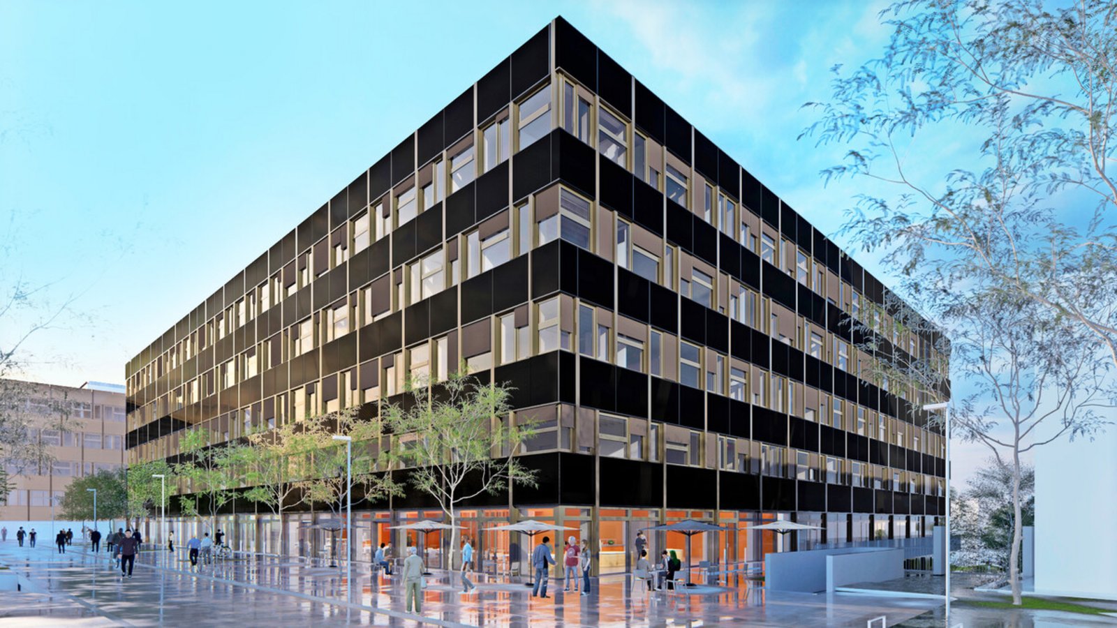 So soll der Neubau für den Fachbereich Physik aussehen: Zentralgebäude mit Außenbereich der Cafeteria.Foto: hammeskrause architekten So soll der Neubau für den Fachbereich Physik aussehen: Zentralgebäude mit Außenbereich der Cafeteria.Foto: hammeskrause architekten