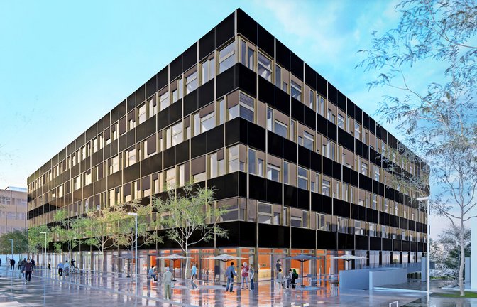 So soll  der Neubau für den Fachbereich Physik aussehen: Zentralgebäude mit Außenbereich der Cafeteria.<span class='image-autor'>Foto: hammeskrause architekten</span>