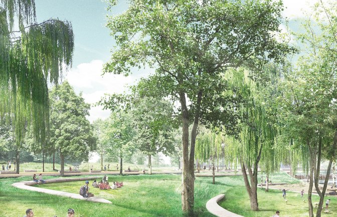 Den Fluss nicht nur für die Gartenschau 2029 erlebbar machen: Die Enz zwischen Roßwag und Enzweihingen soll an mehreren Stellen offene Zugänge erhalten. Das Animationsfoto zeigt die geplante Enzterrassen am Egelseegelände.  <span class='image-autor'>Foto: RMP Stephan Lenzen Landschaftsarchitekten</span>