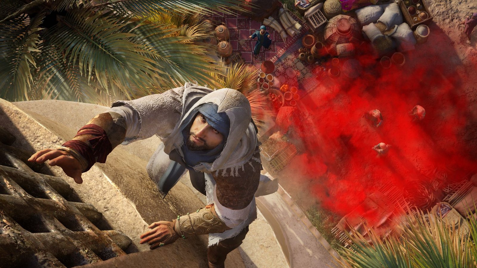Mit Farbbomben sorgt Basim für Chaos, in der dann verschwinden kann.Foto: Ubisoft Mit Farbbomben sorgt Basim für Chaos, in der dann verschwinden kann.Foto: Ubisoft