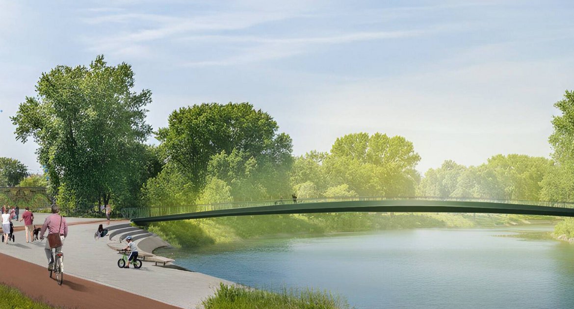 So könnte der Steg über die Enz/Enzsteg zwischen Bürgergärten und Häcker-Areal aussehen. Für die Gartenschau Vaihingen Enzückt 2029 werden neue Brücken über den Fluss gebaut, auch der Enztalradweg soll davon profitieren - bei Roßwag gibt es einen Lückenschluss über die Enz. Visualisierung: Werner Sobek AG