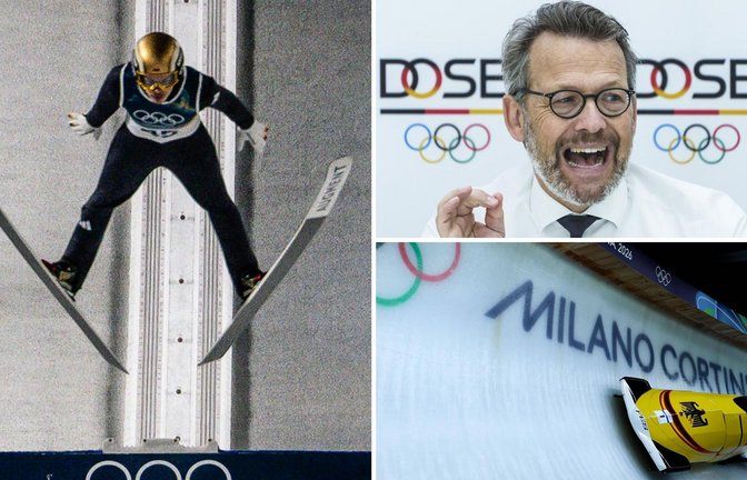 Positives Beispiel: Gold-Skispringer Philipp Raimund belegt laut DOSB-Boss Otto Fricke, dass Deutschlands Wintersport mehr zu bieten hat als Erfolge im Eiskanal.<span class='image-autor'>Foto: Imago (2), dpa</span>