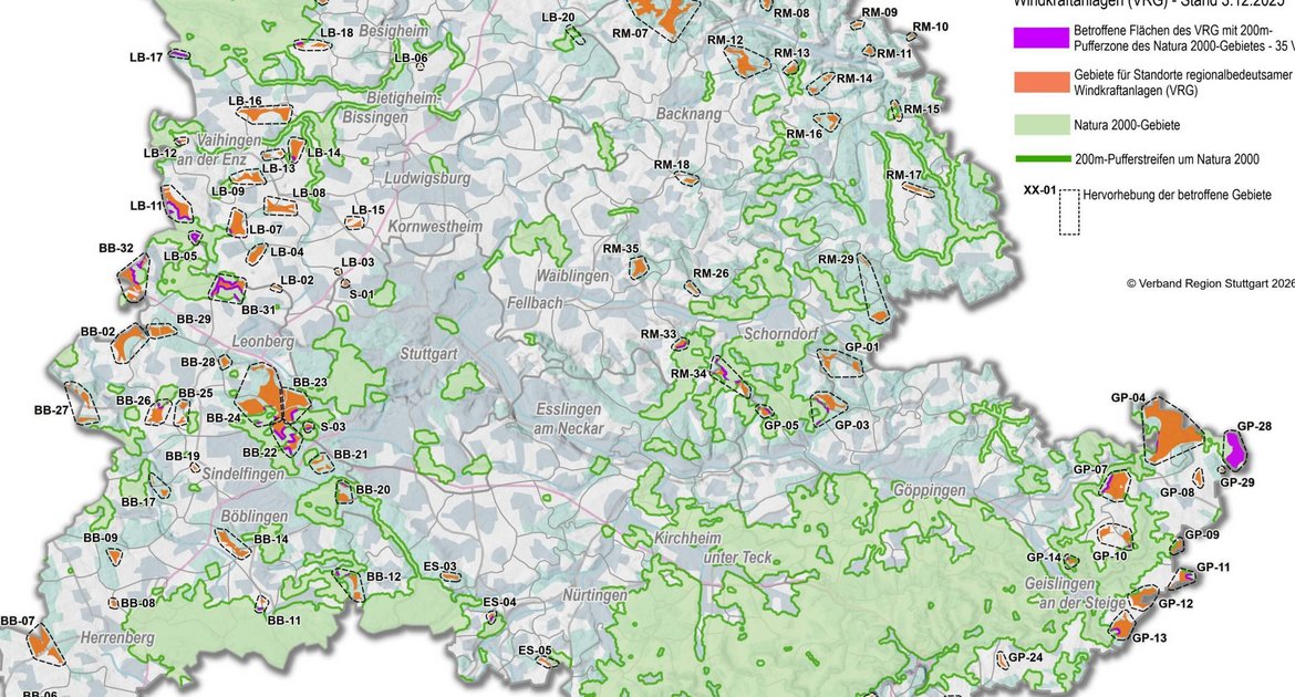 Wind Windkraft Windräder Plan Regionalplan Gebiete Vorranggebiete Standorte Natura 2000 Grafik: Verband Region Stuttgar