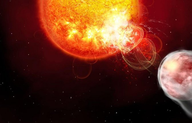 Künstlerische Darstellung des jungen Stern-Planeten-Systems HIP 67522, in dem ein Planet energiereiche Eruptionen auf seinem Mutterstern auslöst.<span class='image-autor'>Foto: © Janine Fohlmeister/ Leibniz-Institut für Astrophysik Potsdam</span>
