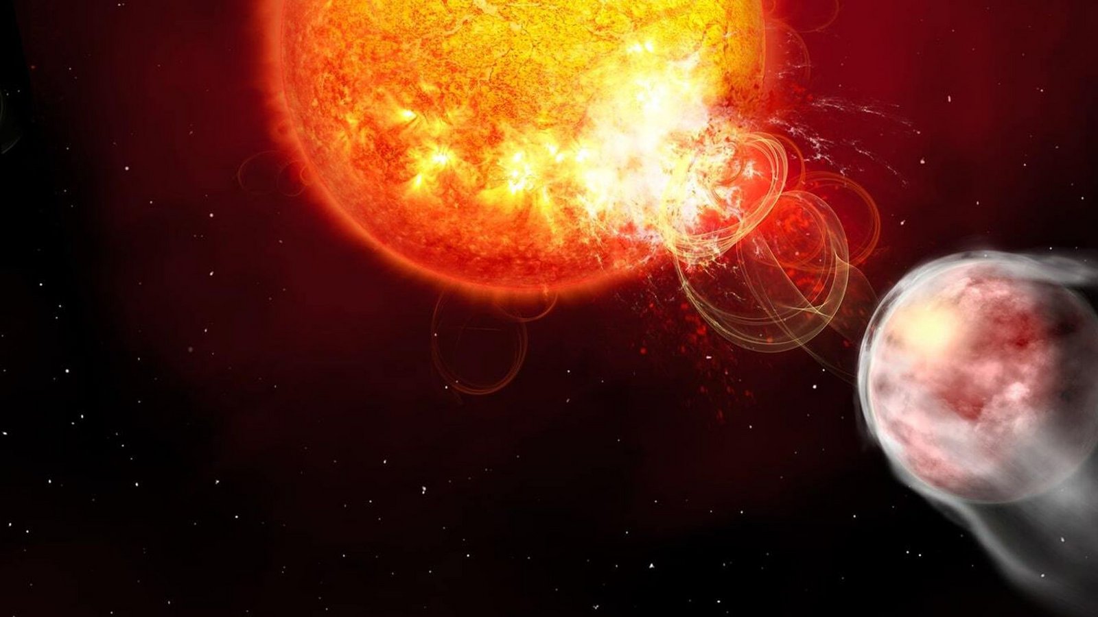 Künstlerische Darstellung des jungen Stern-Planeten-Systems HIP 67522, in dem ein Planet energiereiche Eruptionen auf seinem Mutterstern auslöst.Foto: © Janine Fohlmeister/ Leibniz-Institut für Astrophysik Potsdam Künstlerische Darstellung des jungen Stern-Planeten-Systems HIP 67522, in dem ein Planet energiereiche Eruptionen auf seinem Mutterstern auslöst.Foto: © Janine Fohlmeister/ Leibniz-Institut für Astrophysik Potsdam