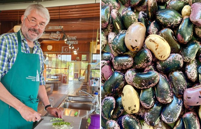 Roman Lenz (links) hat die Schwabenbohne mit seinem Verein Genbänkle wiederentdeckt – die Bohne schmeckt nicht nur, sondern sieht mit ihren beigen, schwarzen und violetten Farben auch hübsch aus.<span class='image-autor'>Foto: Faltin</span>