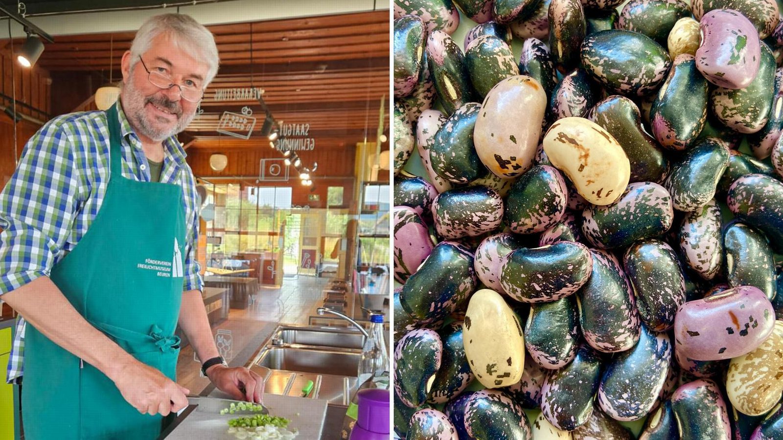 Roman Lenz (links) hat die Schwabenbohne mit seinem Verein Genbänkle wiederentdeckt – die Bohne schmeckt nicht nur, sondern sieht mit ihren beigen, schwarzen und violetten Farben auch hübsch aus.Foto: Faltin