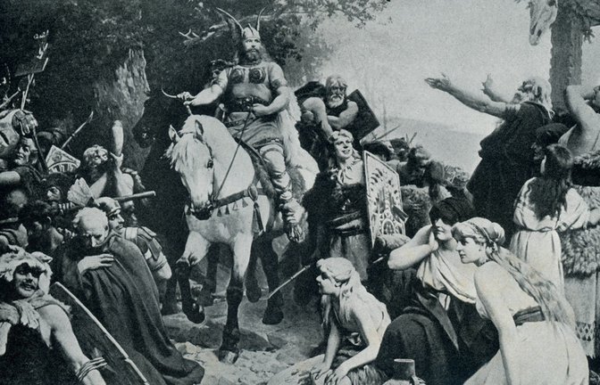 Arminius kehrt nach der Schlacht gegen die Römer im Jahr 9 n. Chr. heim (Druck um 1900).<span class='image-autor'>Foto: Imago/UIG</span>