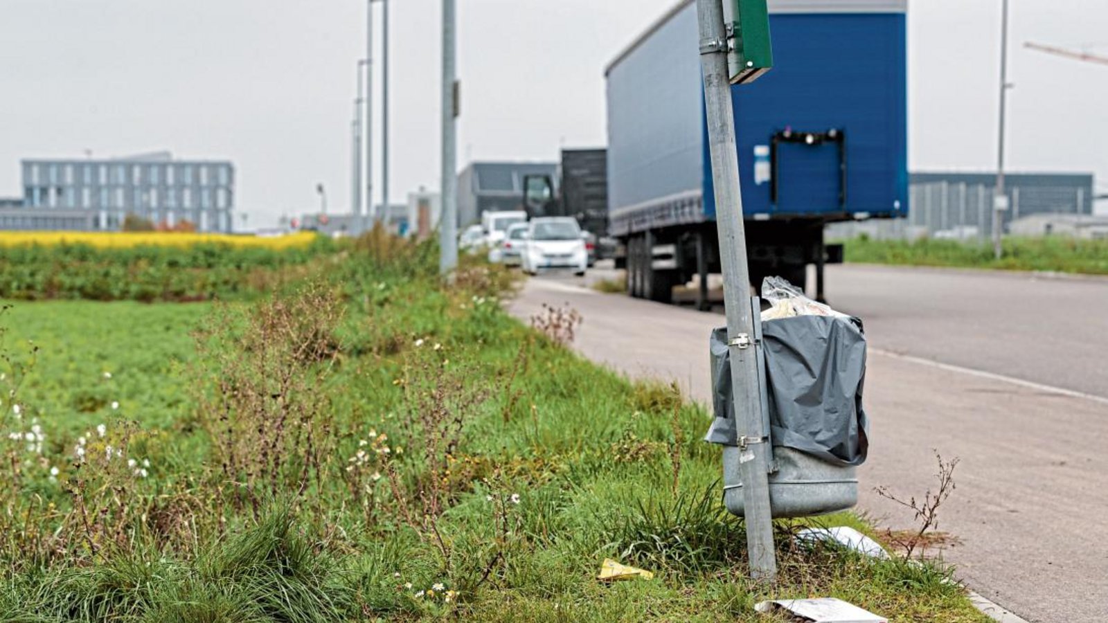 Die Zahl der Mülleimer entlang der Straße am Gewerbepark wurde auf drei erhöht und damit die Verschmutzung etwas reduziert.  Foto: Kuhnle