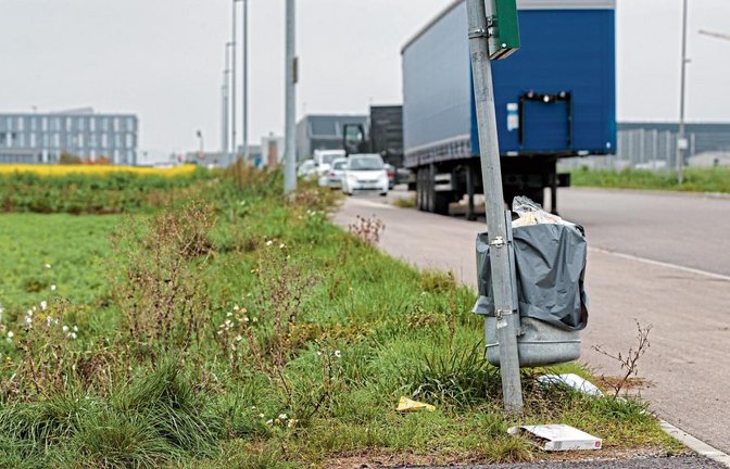 Die Zahl der Mülleimer entlang der Straße am Gewerbepark wurde auf drei erhöht und damit die Verschmutzung etwas reduziert.  Foto: Kuhnle