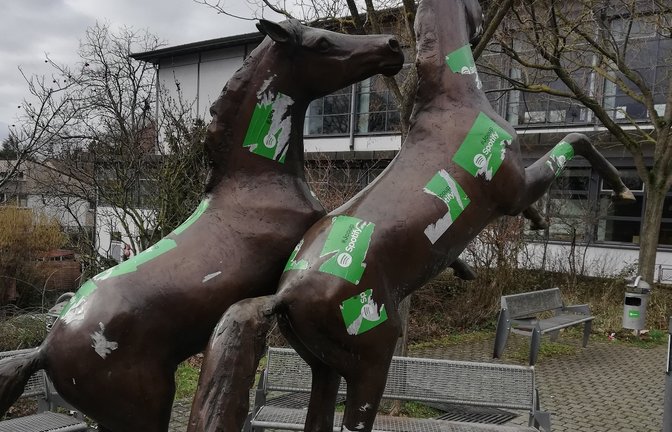 Da hatte wieder jemand nur Unsinn im Kopf: verunstaltete Pferdeskulptur vor der Vaihinger Stadthalle. Sie war 2004 eine Spende des Jauneriger Heimatbundes. Geschaffen von Ingo Koblischek.  <span class='image-autor'>Foto: Arning</span>