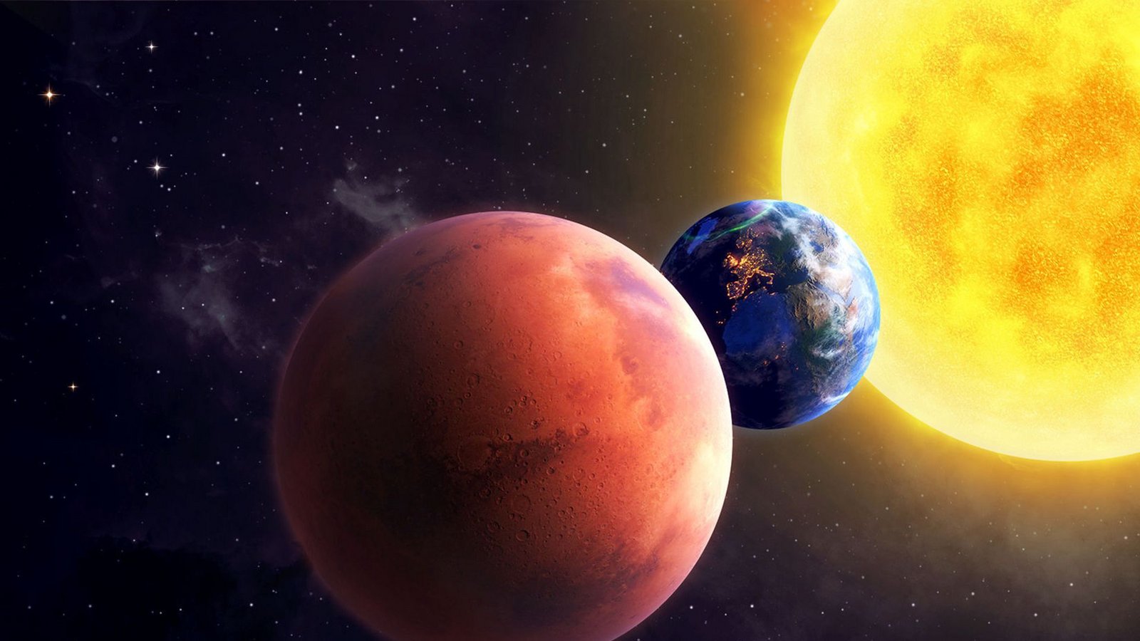 Das Licht überbrückt die Strecke vom  Mars (in der Illustration rot)  zur Erde (hier blau dargestellt) in viereinhalb Minuten. Die exakte Oppositionsstellung wird am 8. Dezember erreicht. Mars und Sonne (rechts außen) stehen dann am irdischen Firmament einander gegenüber.Foto: &nbsp;