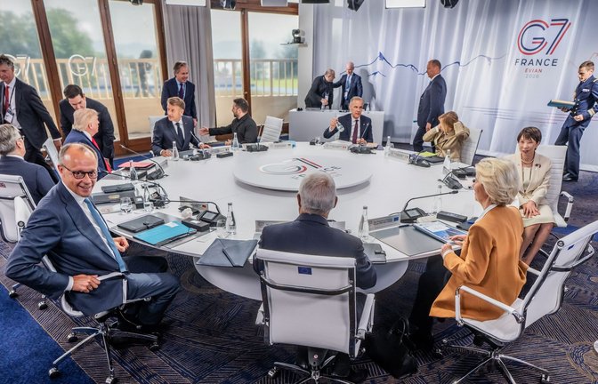 Die Staats- und Regierungschefs der G7 haben sich auf eine gemeinsame Erklärung zu geopolitischen Fragen geeinigt.<span class='image-autor'>Foto: Michael Kappeler/dpa-Pool/dpa</span>