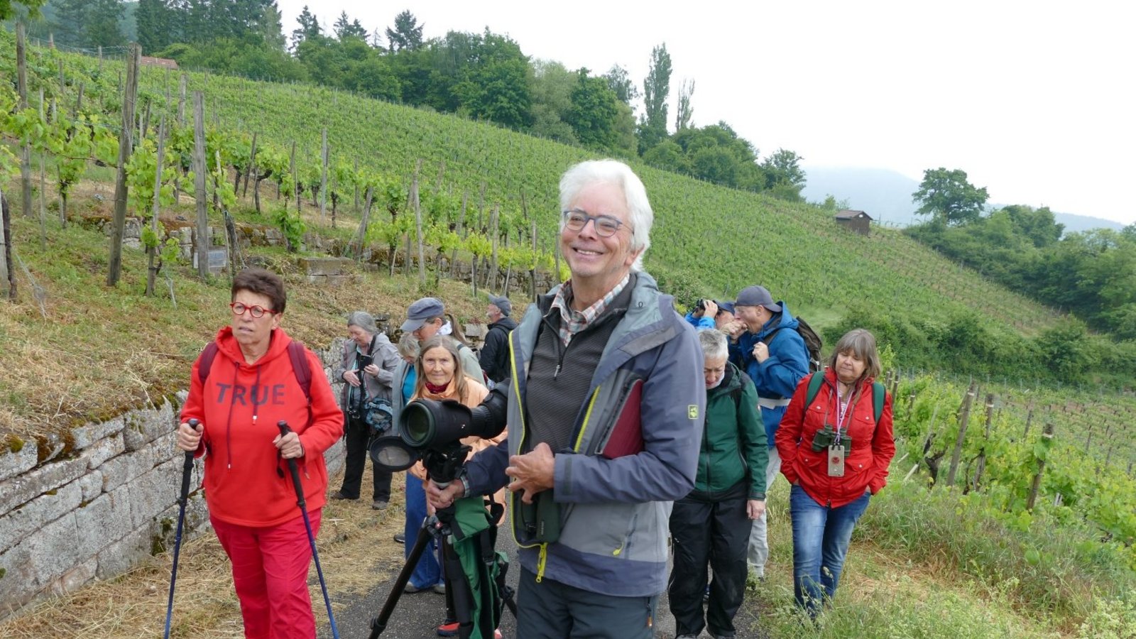 Mit Feldstechern und Spektiven ausgerüstet, gehen die Teilnehmerinnen und Teilnehmer der Wanderung auf Erkundungstour rund um Ochsenbach. Foto: p Mit Feldstechern und Spektiven ausgerüstet, gehen die Teilnehmerinnen und Teilnehmer der Wanderung auf Erkundungstour rund um Ochsenbach. Foto: p