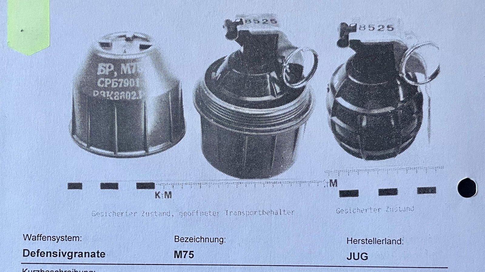 Eine Handgranate des Typs M75 wurde sehr wahrscheinlich von dem mutmaßlichen Täter auf eine Trauergemeinde in Altbach bei Esslingen geworfen.Foto: StZN/Feyder Eine Handgranate des Typs M75 wurde sehr wahrscheinlich von dem mutmaßlichen Täter auf eine Trauergemeinde in Altbach bei Esslingen geworfen.Foto: StZN/Feyder