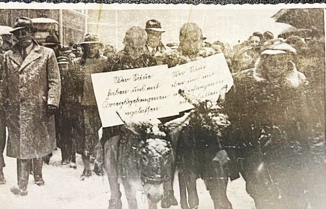 Öffentliche Demütigung als gezielte Methode der psychischen und physischen Gewalt: Das Foto zeigt zwei junge Frauen am 29. Oktober 1940 bei der sogenannten Komotauer „Eselreiterei“. Der Winter war in diesem Jahr besonders früh eingebrochen. Auf den Plakaten steht: „Wir Säue haben uns mit Kriegsgefangenen eingelassen.“<span class='image-autor'>LABW StAL EL 902/20 Bü 45998</span>
