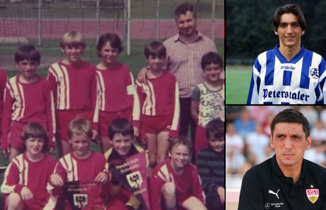 Lang, lang ist's her: Tayfun Korkut (hintere Reihe, Zweiter von links) in der E-Jugend des TB Ruit, die er mit zu Meisterschaft und Pokalsieg geschossen hat. Vorne Zweiter von links sein Freund Eric Ahls, hinten rechts Trainer Herbert Lehmeier. Auf dem kleinen Bild rechts oben ist Korkut 1994 im Trikot der Stuttgarter Kickers zu sehen, rechts unten 2018 als Trainer des VfB Stuttgart<span class='image-autor'>cf, imago/Sportfoto Rudel, Baumann</span>