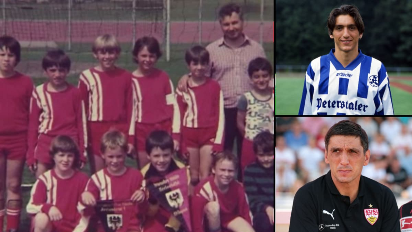 Lang, lang ist's her: Tayfun Korkut (hintere Reihe, Zweiter von links) in der E-Jugend des TB Ruit, die er mit zu Meisterschaft und Pokalsieg geschossen hat. Vorne Zweiter von links sein Freund Eric Ahls, hinten rechts Trainer Herbert Lehmeier. Auf dem kleinen Bild rechts oben ist Korkut 1994 im Trikot der Stuttgarter Kickers zu sehen, rechts unten 2018 als Trainer des VfB Stuttgartcf, imago/Sportfoto Rudel, Baumann Lang, lang ist's her: Tayfun Korkut (hintere Reihe, Zweiter von links) in der E-Jugend des TB Ruit, die er mit zu Meisterschaft und Pokalsieg geschossen hat. Vorne Zweiter von links sein Freund Eric Ahls, hinten rechts Trainer Herbert Lehmeier. Auf dem kleinen Bild rechts oben ist Korkut 1994 im Trikot der Stuttgarter Kickers zu sehen, rechts unten 2018 als Trainer des VfB Stuttgartcf, imago/Sportfoto Rudel, Baumann