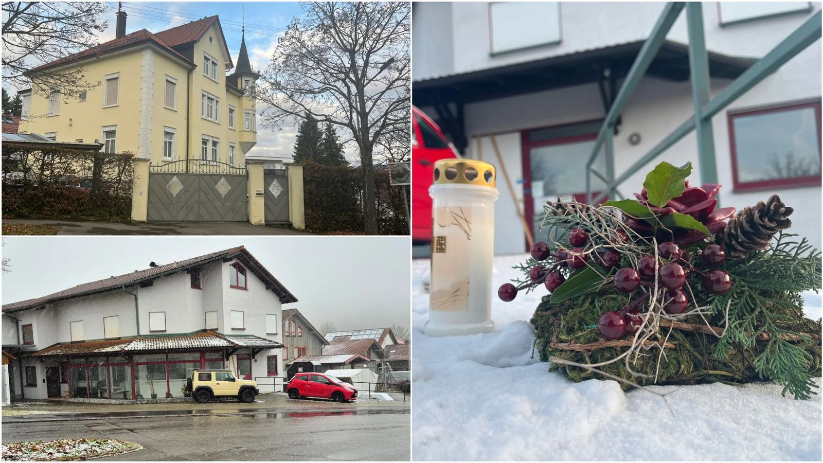 Das große Haus in Pfullingen (oben links) sollte in naher Zukunft das neue Zuhause des 63-jährigen Tatverdächtigen, seiner Lebensgefährtin, seiner Schwester und seines älteren Sohnes werden. Letzterer wurde gemeinsam mit seinem Bruder erschossen in dem Firmengebäude in Würtingen (links unten) gefunden. Eine Kerze und ein Blumenstrauß erinnern an die grausame Tat.Foto: Katja Länge, Karolin Müller Das große Haus in Pfullingen (oben links) sollte in naher Zukunft das neue Zuhause des 63-jährigen Tatverdächtigen, seiner Lebensgefährtin, seiner Schwester und seines älteren Sohnes werden. Letzterer wurde gemeinsam mit seinem Bruder erschossen in dem Firmengebäude in Würtingen (links unten) gefunden. Eine Kerze und ein Blumenstrauß erinnern an die grausame Tat.Foto: Katja Länge, Karolin Müller