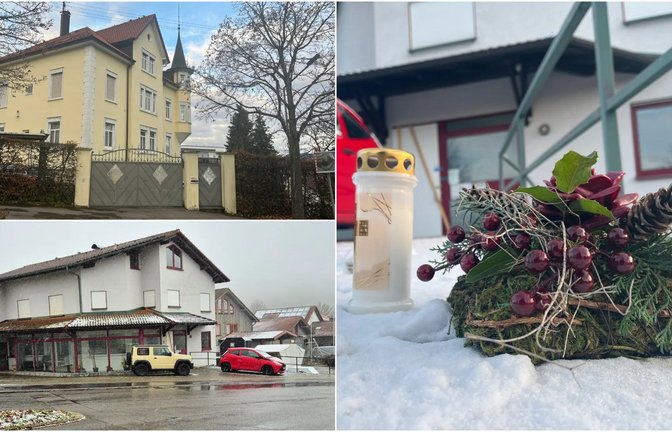 Das große Haus in Pfullingen (oben links) sollte in naher Zukunft das neue Zuhause des 63-jährigen Tatverdächtigen, seiner Lebensgefährtin, seiner Schwester und seines älteren Sohnes werden. Letzterer wurde gemeinsam mit seinem Bruder erschossen in dem Firmengebäude in Würtingen (links unten) gefunden. Eine Kerze und ein Blumenstrauß erinnern an die grausame Tat.<span class='image-autor'>Foto: Katja Länge, Karolin Müller</span>