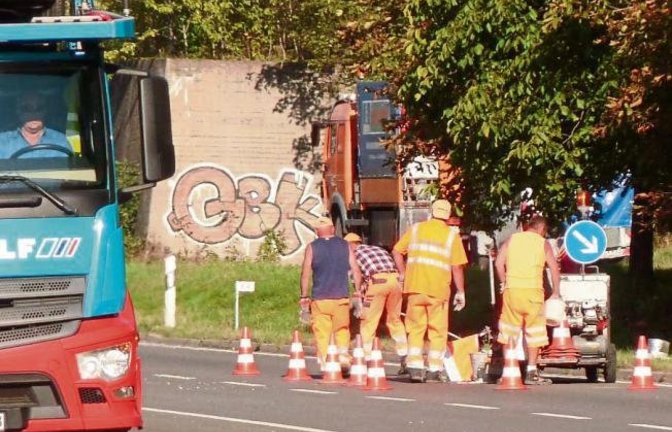 Wer auf der Straße schaffen muss, lebt gefährlich: Markierungsarbeiten auf der Enzweihinger Steige.  Foto: Arning